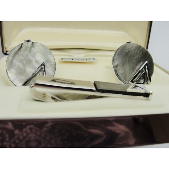 Vintage Swank MOP Round Set Silver Tone Cufflinks & Tie Clip Tux Shirt Suit - Picture 8 of 12